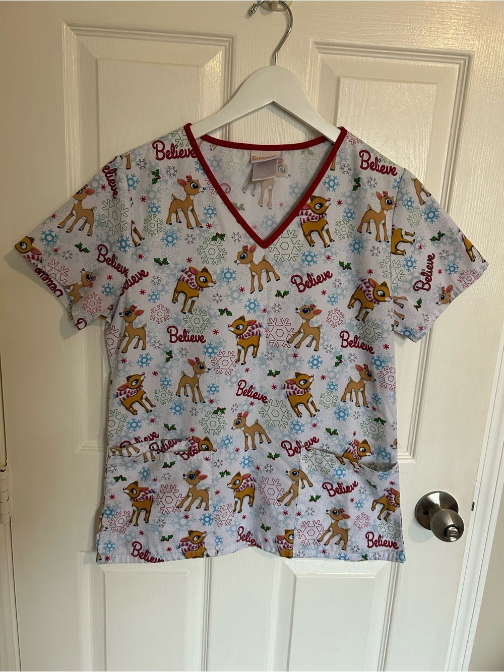 Rudolf The Red Nosed Reindeer V-Neck Blouse - White and Red